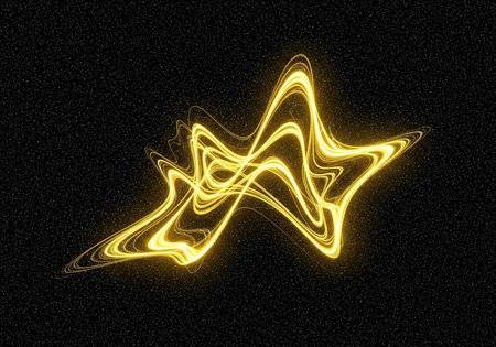 A vibrant yellow abstract light design against a dark starry night backgroundの写真素材