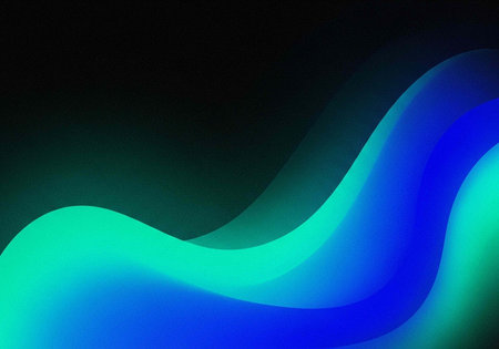 A vibrant abstract design with blue and green wavy lines on a black background