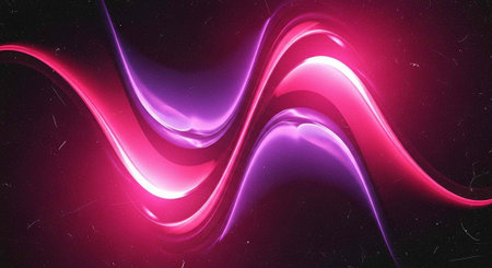 A vibrant abstract artwork featuring glowing pink and purple waves on a dark background