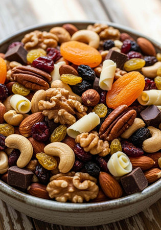 A bowl of trail mix with nuts, dried fruits, and chocolate on a wooden table
