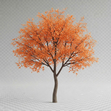 A vibrant orange tree stands alone in a serene and peaceful environment.