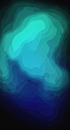 A vibrant abstract illustration of glowing blue and green swirling shapes in darkness