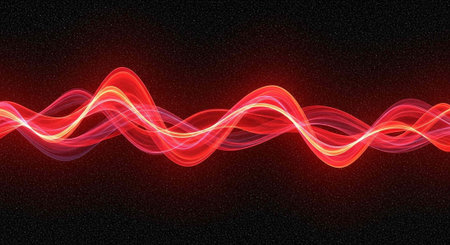 A vibrant red light wave glowing against a dark background with stars