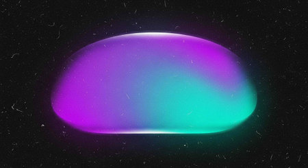 A vibrant purple and green oval shape glows in the dark space