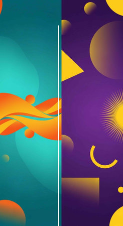 A vibrant abstract illustration with geometric shapes and bold colors