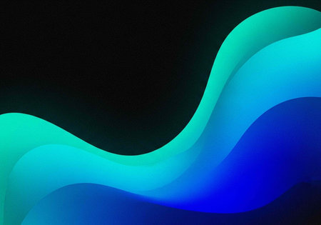 A vibrant abstract design featuring wavy blue and green lines on a black backgroundの写真素材