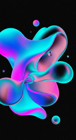 A vibrant abstract art piece with colorful fluid shapes on a black background