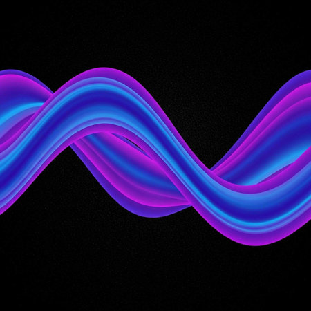 A vibrant purple and blue wave design on a black background