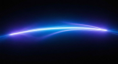 A vibrant blue and purple light streak arcs across a dark background