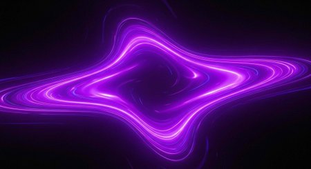 A vibrant purple light design glows in a dark background with swirling patterns