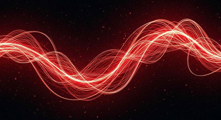 A vibrant red light trail swirls through a dark space with stars