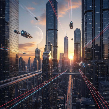 A futuristic cityscape with sleek skyscrapers and flying vehicles at sunsetの写真素材