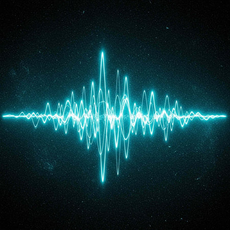 A vibrant blue sound wave glows brightly against a dark background with stars