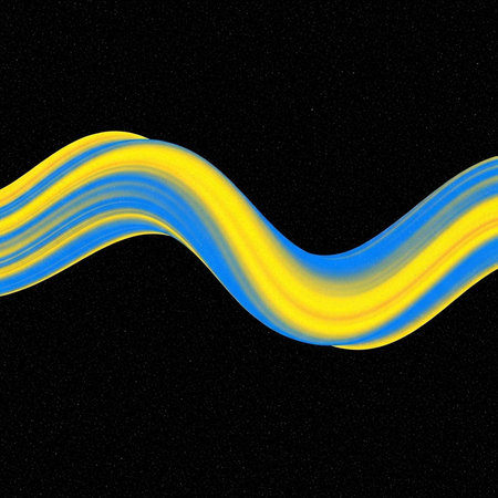 A vibrant yellow and blue wavy line against a dark backgroundの写真素材