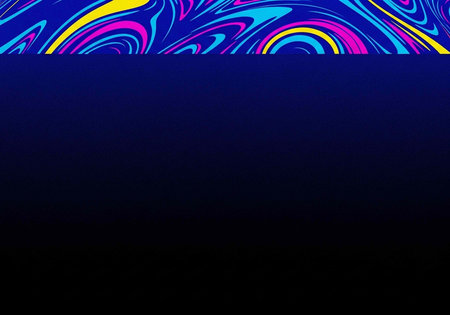 A vibrant abstract design with swirling patterns of blue, pink, and yellow colors