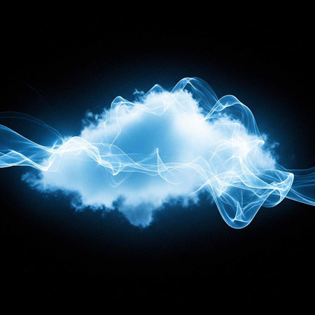 A glowing blue cloud with swirling lines and a dark background