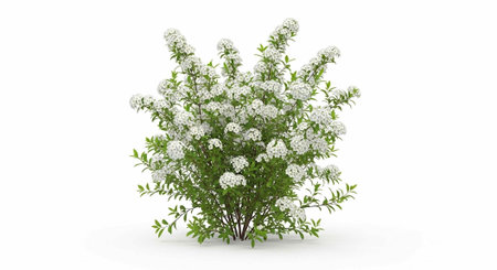 A lush green bush with small white flowers against a plain white background