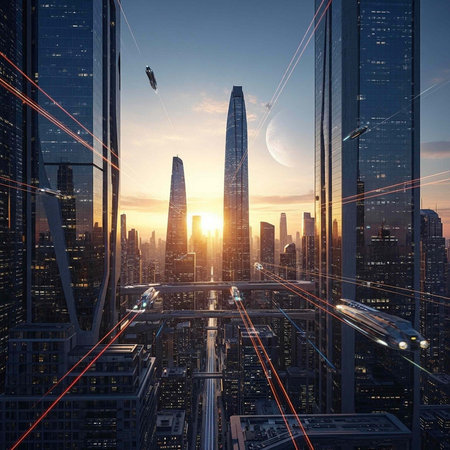 A futuristic cityscape at sunset with sleek skyscrapers and advanced transportation systems