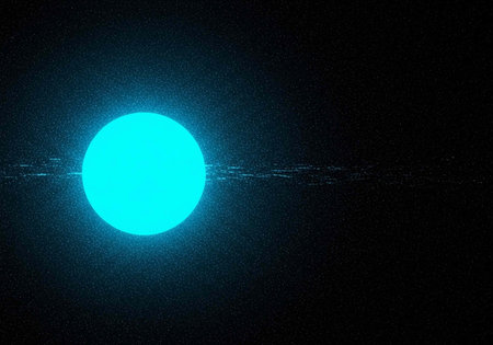 A bright blue celestial body glowing in the dark space with a ring