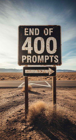 A weathered road sign stands alone in a vast desert landscape under a blue sky
