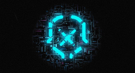 A futuristic blue circuit board design with neon lights on a black background