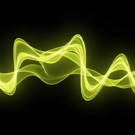 A vibrant yellow waveform glows brightly against a dark background with smooth curves