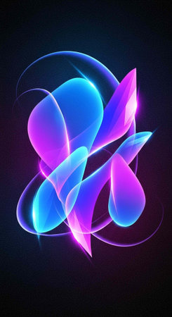A vibrant abstract art piece with swirling purple and blue shapes on a dark backgroundの写真素材