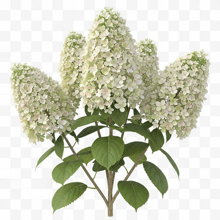 A beautiful white hydrangea plant with green leaves on a transparent background