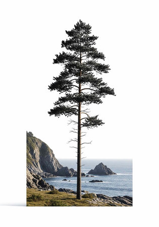 A solitary pine tree stands on a rocky coastline with a serene ocean view and cliffside
