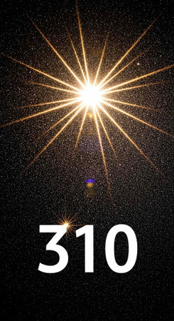 A bright star shines with light rays in a black space with tiny stars and number 310