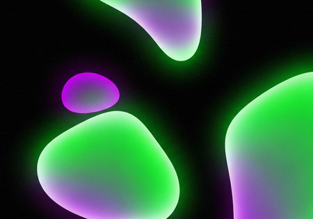 Colorful neon shapes in green and purple hues against a dark background with glowing edges