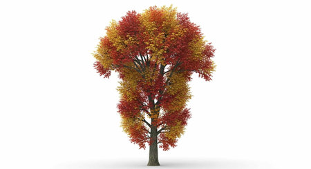 A single tree with colorful fall foliage stands against a plain white backdrop.