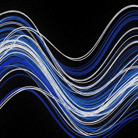 Abstract art featuring wavy blue and white lines on a black backgroundの写真素材