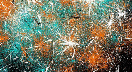 Abstract artwork featuring white lines, orange and teal hues, and a textured surface