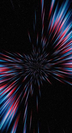 Colorful red and blue streaks radiate from center against dark space