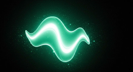 A bright green glowing waveform with a neon light effect on a dark background with small dotsの写真素材
