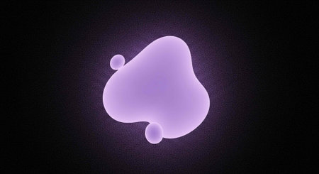 A large purple blob with two smaller orbs on a dark background emits a soft glow.の写真素材