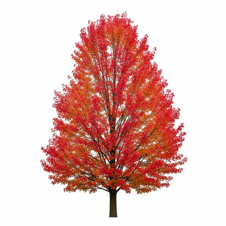A tree with bright red and orange leaves stands alone on a plain white background