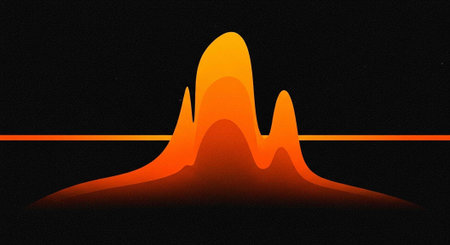 Orange gradient mountain range with varying peaks on black background and horizontal lineの写真素材
