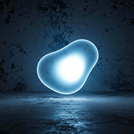 A bright blue glowing orb sits on a dark concrete floor in front of a textured wall