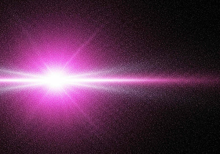 Bright pink light shines with lens flare against a dark, star-filled night sky atmosphereの写真素材