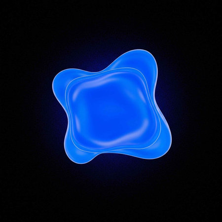 Glowing blue abstract shape with rounded edges and smooth curves against a dark backgroundの写真素材