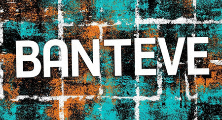 A weathered brick wall with teal, orange, and black hues and white grout lines with text