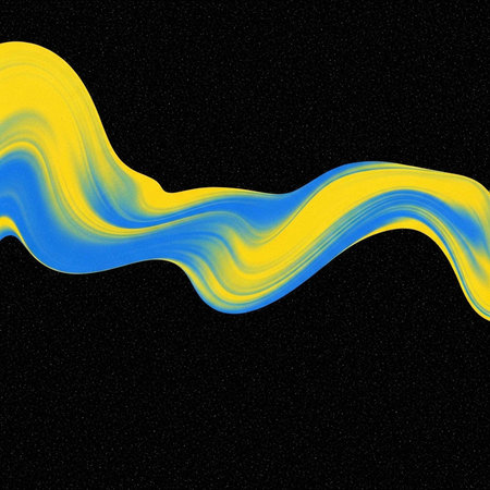 Abstract design featuring a wavy yellow and blue swirl on a black speckled backgroundの写真素材