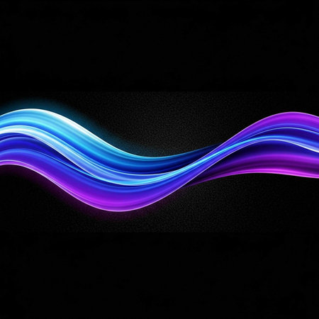 Colorful wavy lines in purple, blue, and white hues on a dark background