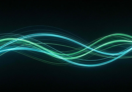 Glowing green and blue neon lines forming wavy patterns on a black background