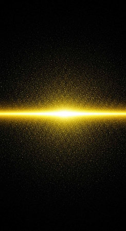 A bright yellow light beam shines horizontally across a black background with small white specks.