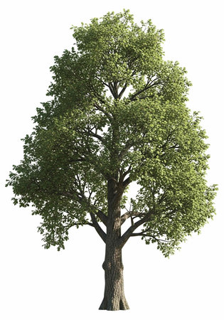 A tall tree with a sturdy brown trunk and lush green leaves against a plain white backdrop
