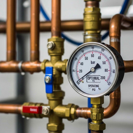Close-up of a pressure gauge attached to copper pipes with valves and fittings in industrial settingの写真素材