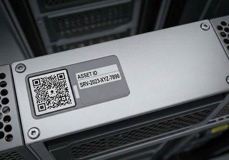 A silver server with a QR code and asset ID label on its front panel is shown